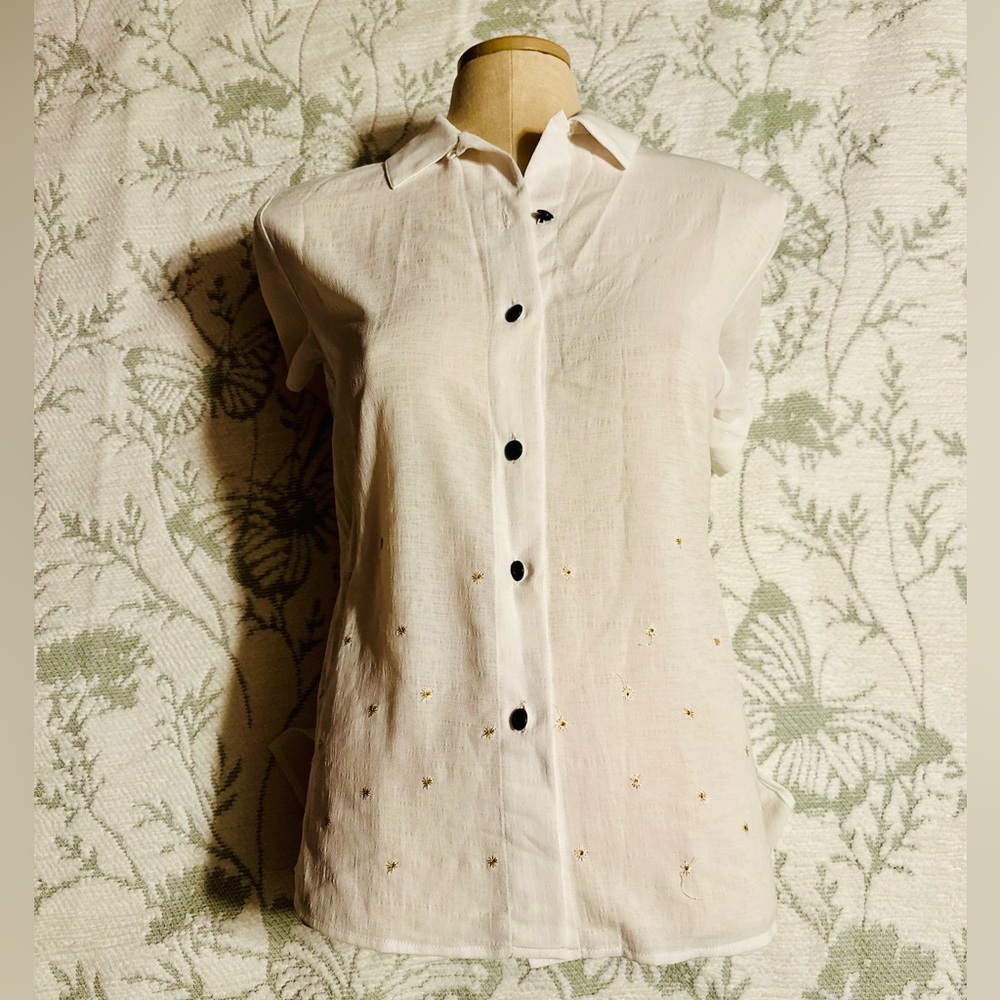 Women’s Short-Sleeve Button Front Top with Subtle Embroidery